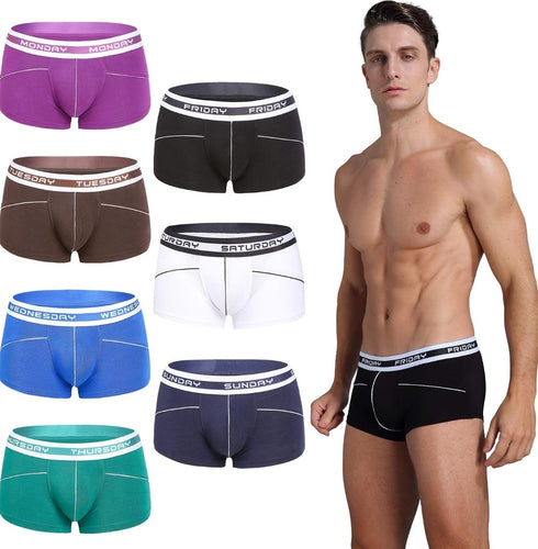 7 Days 1 Week 7 pack Low Rise Boxer Briefs Bamboo Fiber Bulge Pouch Brief Underwear Pack Sunday thru Saturday waist band.
  Sexy  Enhancer Boxer Brief Underwear, Breathable, with Enhancer front pouch Trio Pck